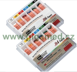 Kónické gutaperčové čepy DiaDent Dia-ProISO .04 Plus - milimetrově značené s oblou špičkou - ve velikostech/šířce 10 až 80 a sortimentech 15/40 a 45/80