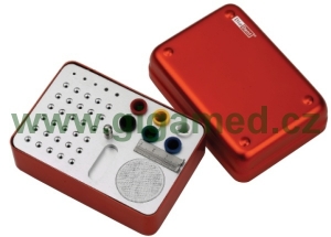 Hliníkový  endobox čtvercový, střední, kombinovaný - pro ruční a rotační nástroje a gutaperčové a papírové čepy, s endometrem 